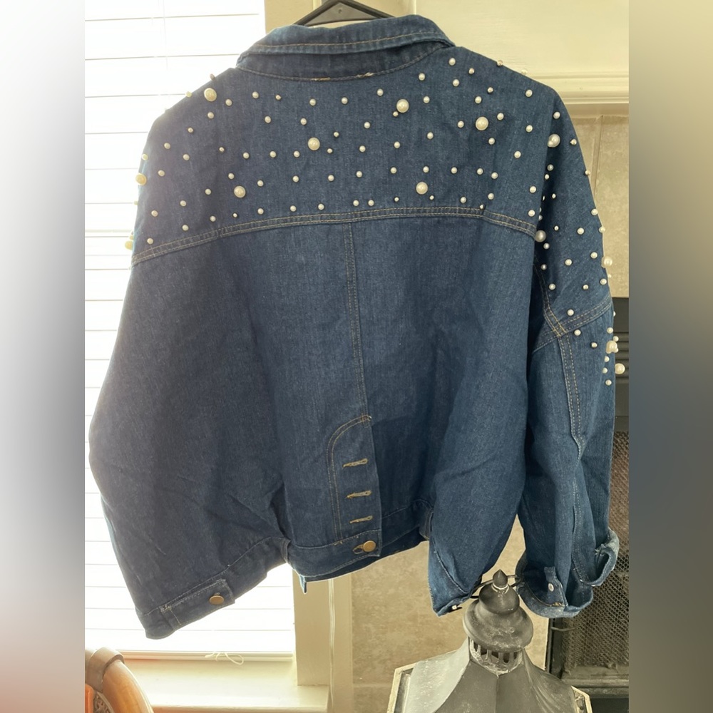 Oversized denim jacket with pearl detailing - Picture 2 of 3